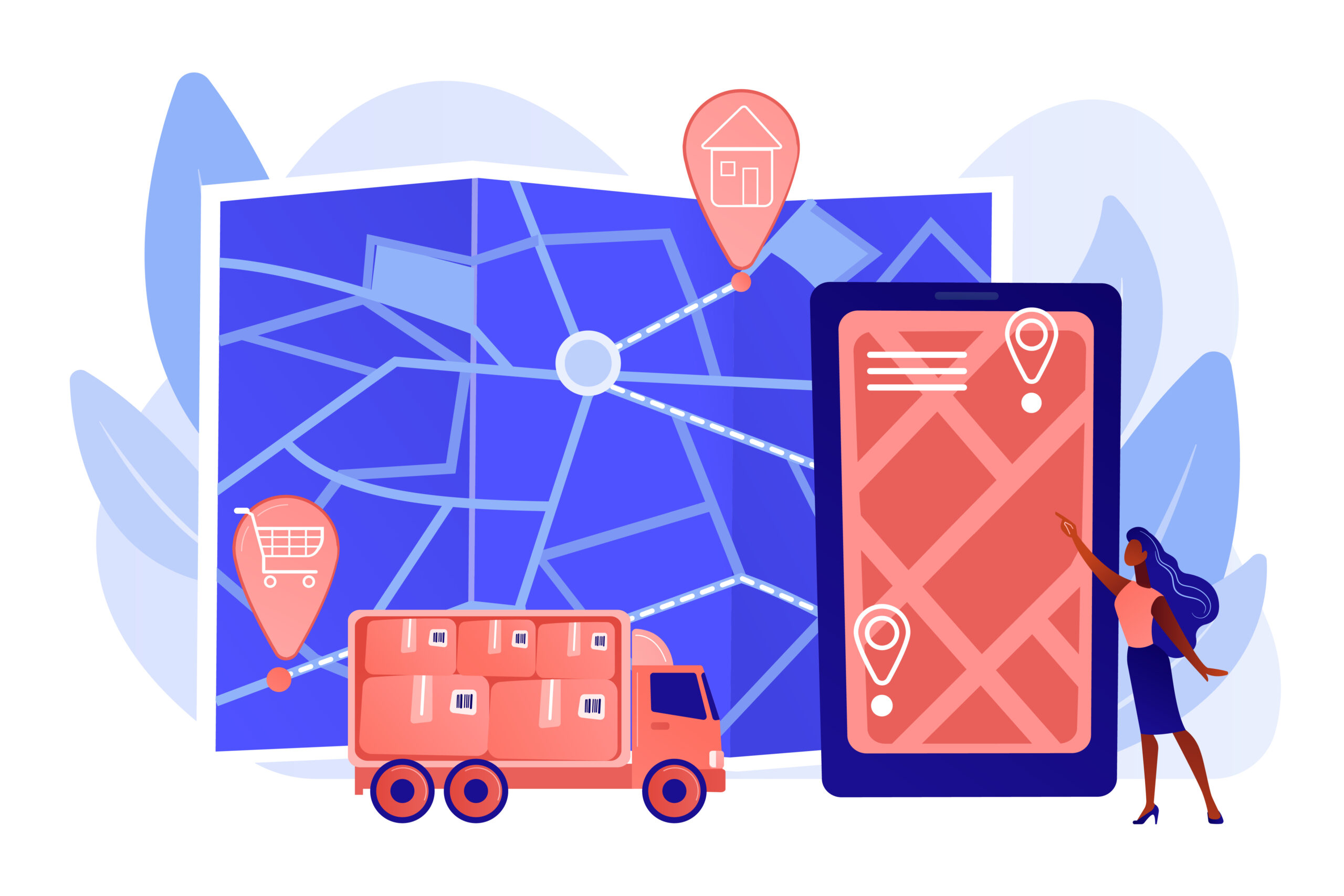 Tracking delivery, package on smartphone application. Delivery point validation, delivery driver app, independent courier concept. Pinkish coral bluevector isolated illustration